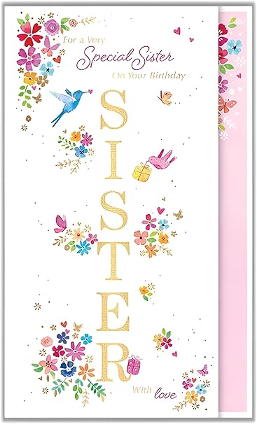 Tall Birthday Greeting Card - Special Sister - Gorgeous Floral Design - Gold Foil Finish