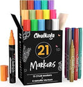 Chalk Pens & Metallic Colours (Pack of 21) Neon Chalk Markers - Erasable Dry Erase Marker Pens for Blackboards, Chalkboard, Window, Glass | 6mm Reversible Bullet & Chisel Tip