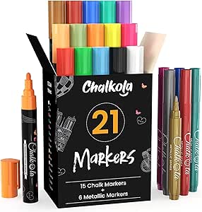 Chalk Pens & Metallic Colours (Pack of 21) Neon Chalk Markers - Erasable Dry Erase Marker Pens for Blackboards, Chalkboard, Window, Glass | 6mm Reversible Bullet & Chisel Tip