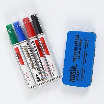 ANSIO Whiteboard Pens Pack of 4 – Fine Tip Dry Wipe Markers with Eraser, Coloured, Non-Permanent and Long Lasting, Wet erasable Set