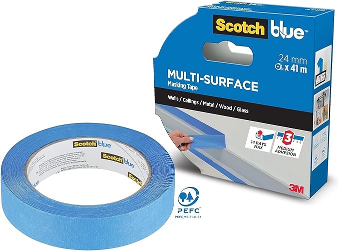 ScotchBlue Multi-Surface Premium Masking Tape, 24mm x 41m, 1 Roll/Pack - Scotch Adhesive Blue Painters Tape, For Painting and Decorating, Indoor & Outdoor, Sticks Well, 70% PEFC