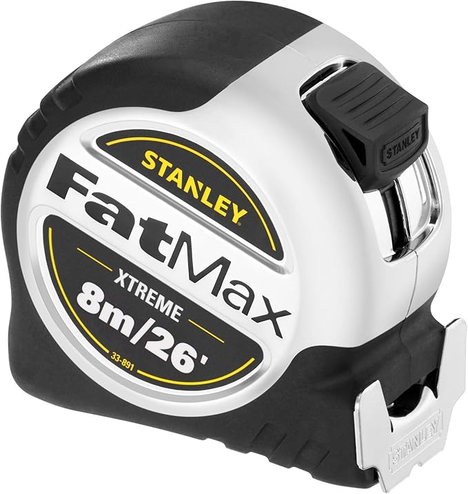 STANLEY Tape Measure Metric/Imperial System 8M 32mm Wide with Chrome Case and Rubber Grip 5-33-891 (Packaging may vary)