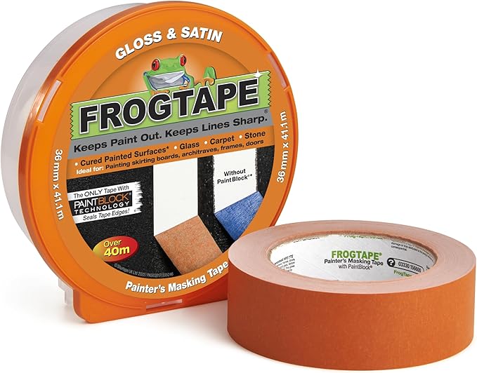 Frog Tape Orange Gloss & Satin Painters Masking Tape 36mm x 41.1m. Indoor painting and decorating for sharp lines and no paint bleed