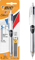 BIC 4 Colours Pen and Pencil Combo, 3 Ballpoint Pens Medium 1.0mm Blue, Black, Red, 1 Mechanical Pencil, 12 Leads Medium 0.7mm, 1 Per Pack, 1 Pack