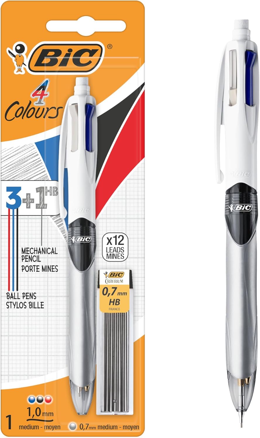 BIC 4 Colours Pen and Pencil Combo, 3 Ballpoint Pens Medium 1.0mm Blue, Black, Red, 1 Mechanical Pencil, 12 Leads Medium 0.7mm, 1 Per Pack, 1 Pack