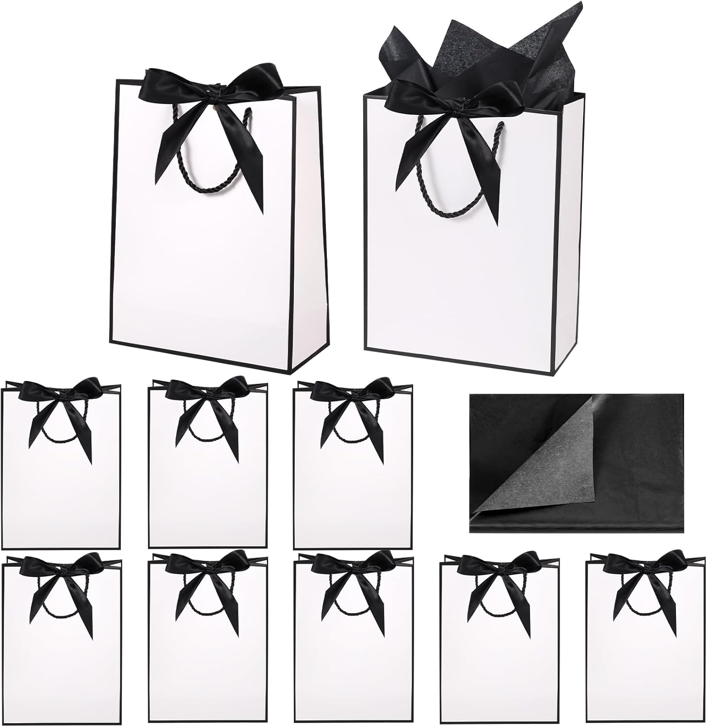 10 Pcs Black White Gift Bags Multipack with 10 Tissue Paper Handles Mother's Day Medium Gift Bags for Wedding Baby Shower Bridesmaid Party