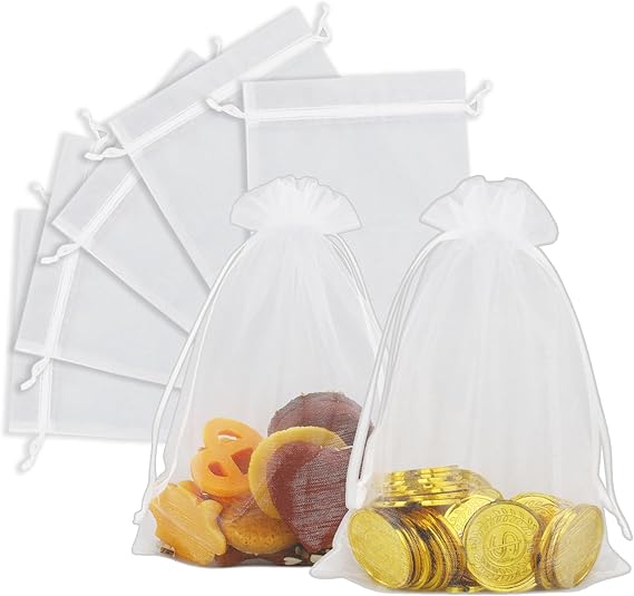 20pcs White Gauze Wedding Party Favor Bags, Mesh Medium Small Candy Bags With Drawstring