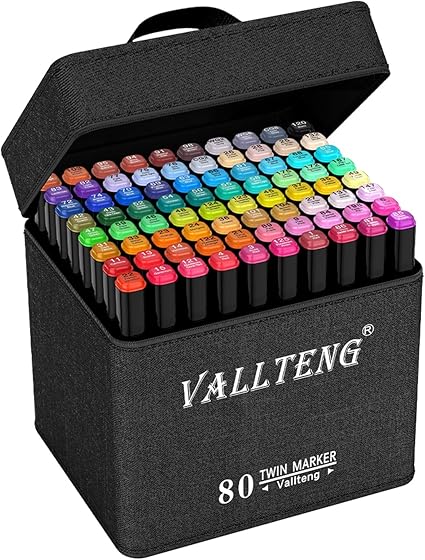Vallteng 80 Colored Alcohol Based Markers, Quick-Drying Colouring Pens for Adults, Kids,Beginners, Dual Tip Permanent Art Marker Pens for Drawing, Sketching, Anime, Manga With Carrying Case and Base