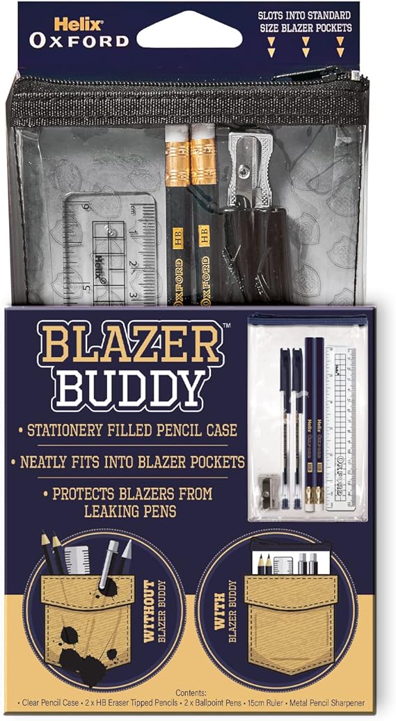 Helix Oxford Blazer Buddy Essential Stationery Set with Compact Clear Pencil Case Fits in School Blazer Pocket 981805
