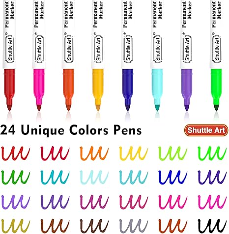 Shuttle Art 24 Colours Permanent Markers, Fine Point Assorted Colours, Works on Plastic, Wood, Stone, Metal and Glass for Doodling, Colouring, Journaling for School Office Home