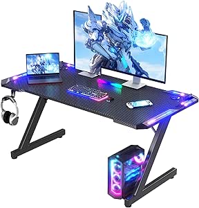 Homall Gaming Desk with LED Lights, 120 x 60cm RGB Gaming Table Z Shape, Large Computer Desk with Headphone Hook, Gamer Table for Home Office, Carbon Fibre Black