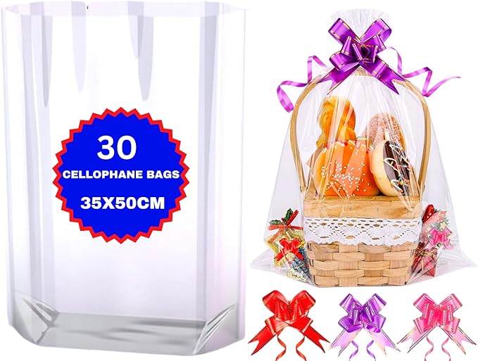 MAARA Clear Cellophane Bags Large, Pack Of 30, Clear Gift Bags (35x50CM/14"X20") With 30 Pull Bows, Large Cellophane Basket Hamper Wrap For Packaging