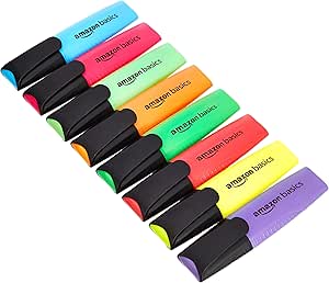 Amazon Basics Highlighters Set of 8, Smudge Proof, Durable Chisel Tip, Line Width 2-5 mm, Pens for Adults and Kids, Multicolour