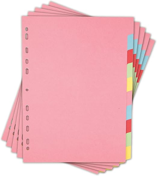 Elba A4 Pink 10-Part File Dividers, 5 Pack, Multi-Coloured Recycled Card Dividers, Multi-Hole Punched for Ring Binders