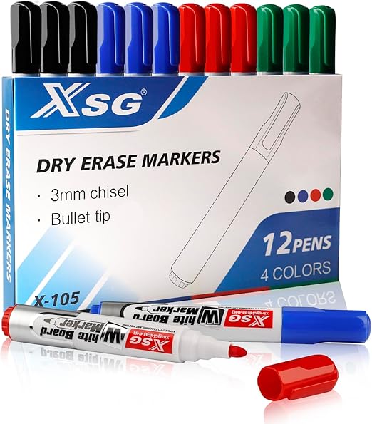 ABEIER XSG Whiteboard Pens Markers, 4 Colors Dry Erase Markers, Home Office Supplies, Bullet Tip Low Odour (Pack of 12)