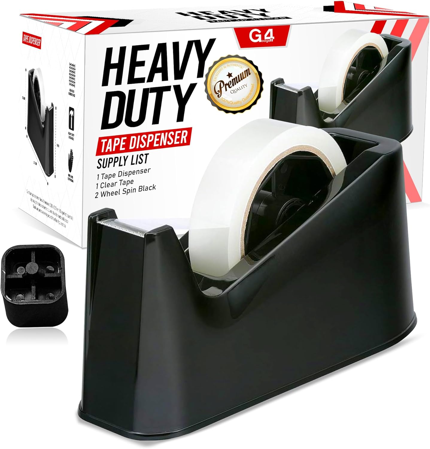 G4GADGET Heavy Duty, Tape Dispenser - Weighted, Non-Skid Rubber Base - High-Quality, Sharp Cutting Blade - Black, Desktop Adhesive Distributor - Uniform Cutting - One Hand Dispensing