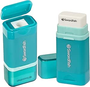 Swordfish Combo Pencil Sharpener with Mess-Free Canister and Eraser [Pack of 1] Turquoise [40294] Visit the Swordfish Store