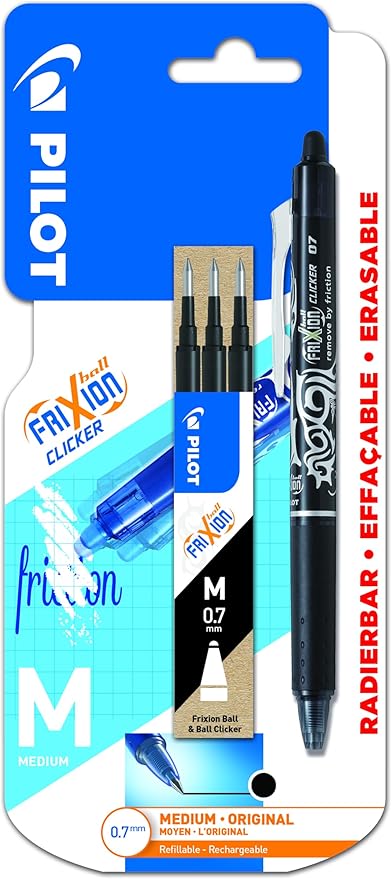 Pilot Frixion Clicker Erasable Retractable Rollerball 0.7 mm Tip Pen with Three Refills - Black, Single Pen