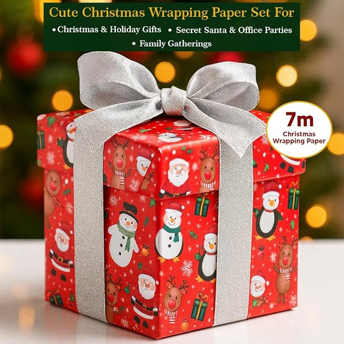 ANGIX 4 x 7m Cute Christmas Wrapping Paper Rolls with 32 Gift Tags, Festive Xmas Wrapping Paper, Premium Christmas Wrapping Paper Roll Set for Presents, Kids & Family, Festive Holiday Decorations
