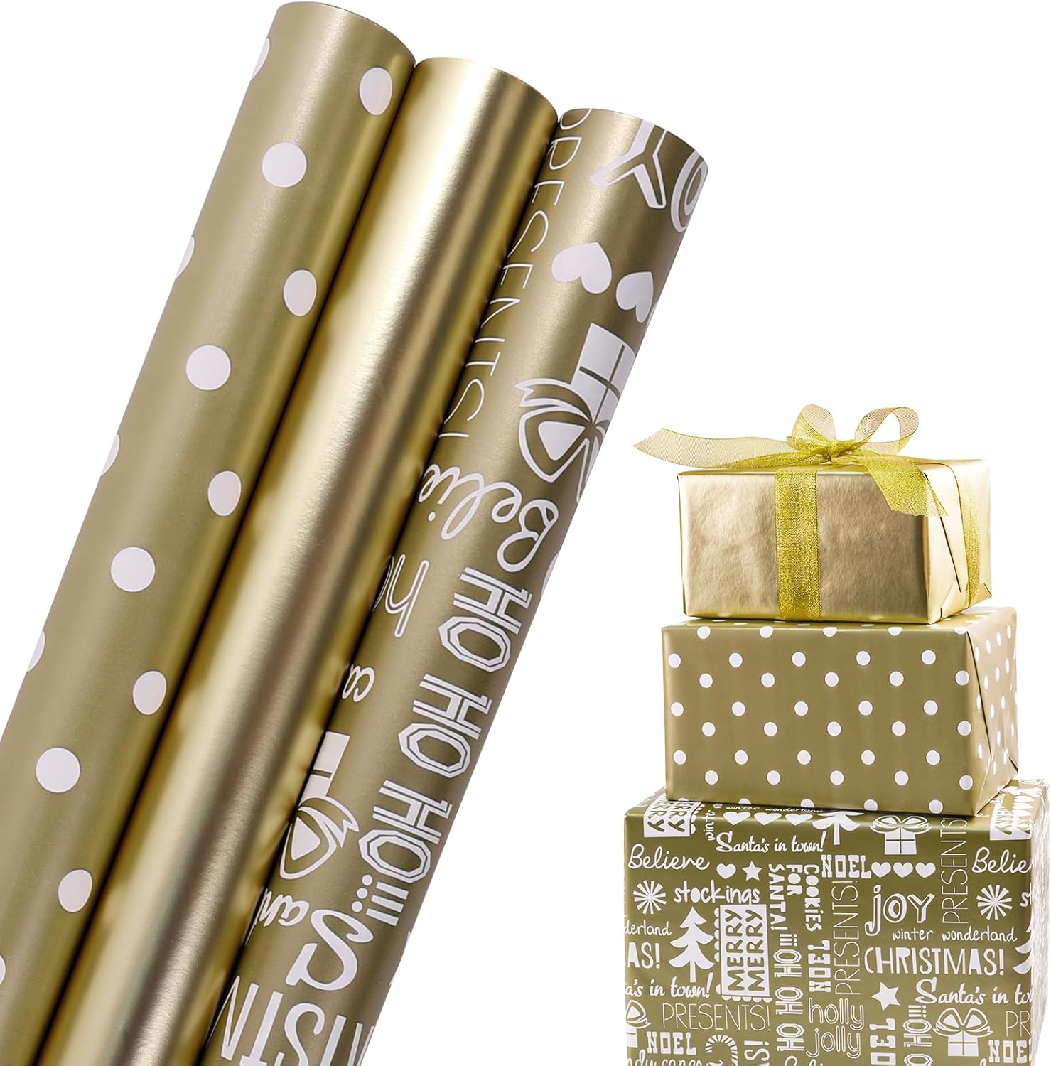 Christmas Wrapping Paper Roll, 3 Rolls 43cm*3m Gold Gift Wrapping Paper,Gold Metallic/White Polka Dot/Christmas Tree Patterns Wrapping Paper for Christmas, Birthday, Wedding, Party, Valentines