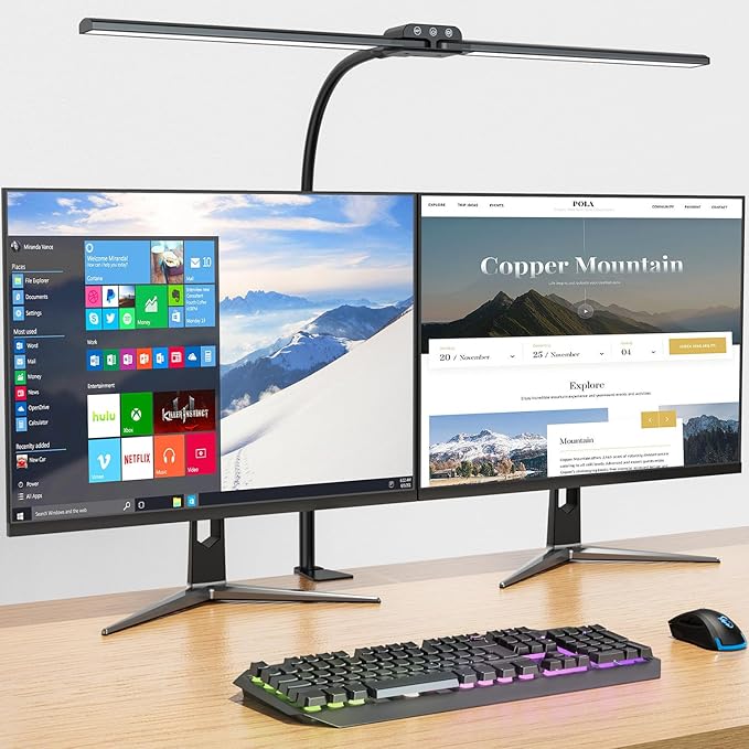 KableRika LED Desk Lamp, Bright Double Head Desk Lamp For Home Office, Architect Desk Light With Clamp, Eye Caring Tall Task Lamp with 4 Color Modes&Brightness, Modern Table Lamp for Workbench Monitor [Energy Class F]
