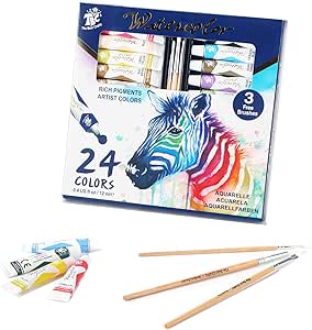TBC Watercolour Paint Set, 24 x 12ml Water Colour Paints Tubes with 3 Paint Brush for Artists, Beginners, Students, Hobbyists, Adults