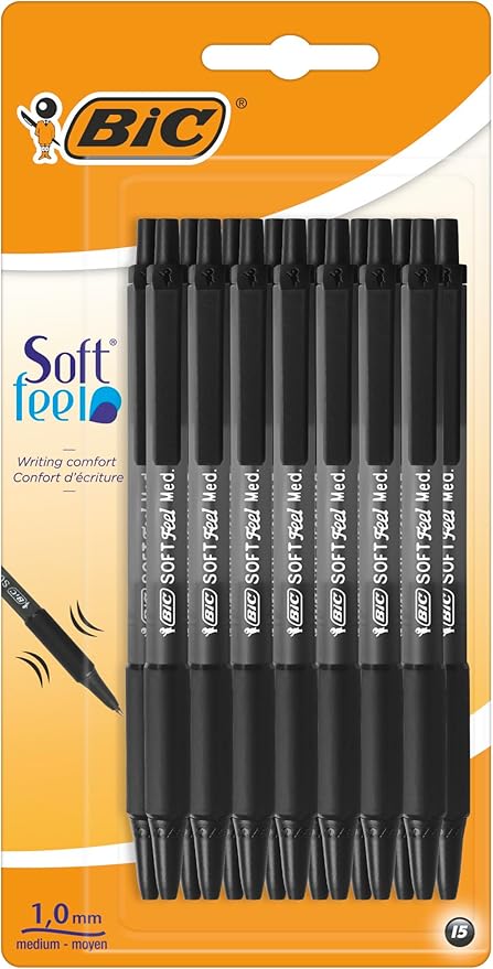 BIC Soft Feel Click Grip Ballpoint Pens, 1.0 mm Retractable Point, Soft-Touch Rubber Grip, Black, pack of 15