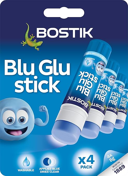 Bostik Blu Stick Glue Sticks, Goes on Blue, Dries Clear, Solvent Free, Washable, 4 x 8g sticks