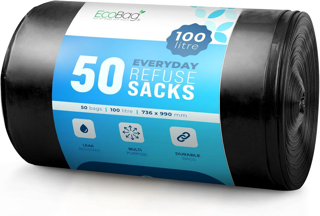 EcoBag 50-Pack Recyclable Refuse Sacks, 100L, Leak-Resistant, Eco-Friendly
