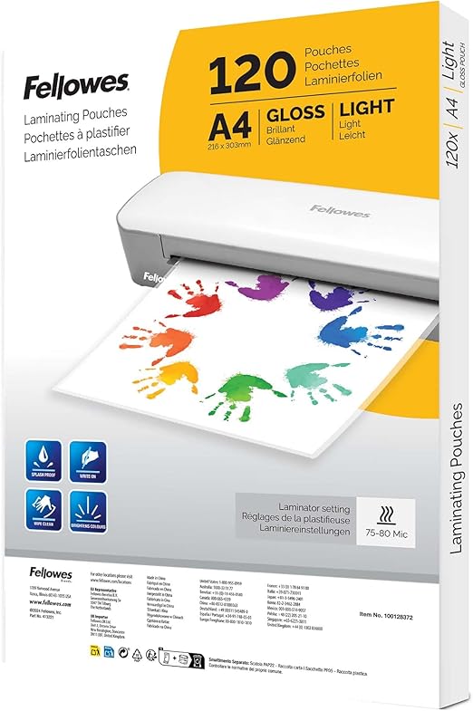 Fellowes 120pk A4 Laminating Pouches, Glossy Finish, 120 Sheets - Ideal for Notices and Photos - Amazon Exclusive