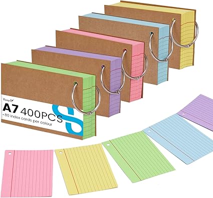 Koogel A7 Flash Cards with Ring, 400PCS Ruled Index Cards 10.5 × 7.4 cm, 5 Colour Double-Sided Revision Flashcards with Kraft Covers for School, Office & Home Study