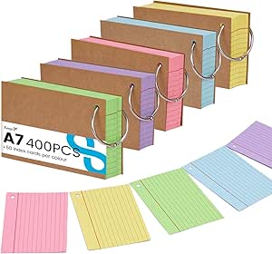 Koogel A7 Flash Cards with Ring, 400PCS Ruled Index Cards 10.5 × 7.4 cm, 5 Colour Double-Sided Revision Flashcards with Kraft Covers for School, Office & Home Study