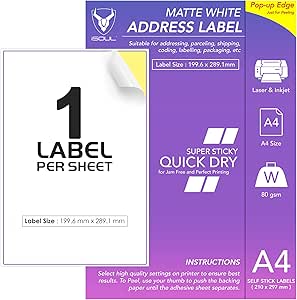 1 Labels Per A4 Sheet, 50 Sheets 50 Sticky Label, Printable Sticker Paper, iSOUL Matte Self Adhesive Address Mailing, Shipping, Postage, Laser & Inkjet Printer Compatible [Quickdry]