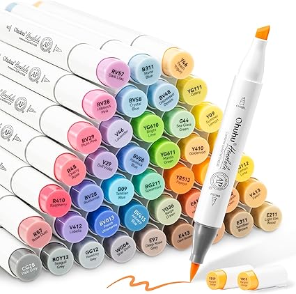 Colouring Markers, Ohuhu Brush & Chisel Double Tipped Art Markers Pens for Adults Coloring Illustrations, Alcohol-based Ink with 1 Blender + 1 Marker Case, Honolulu Series of Ohuhu Markers