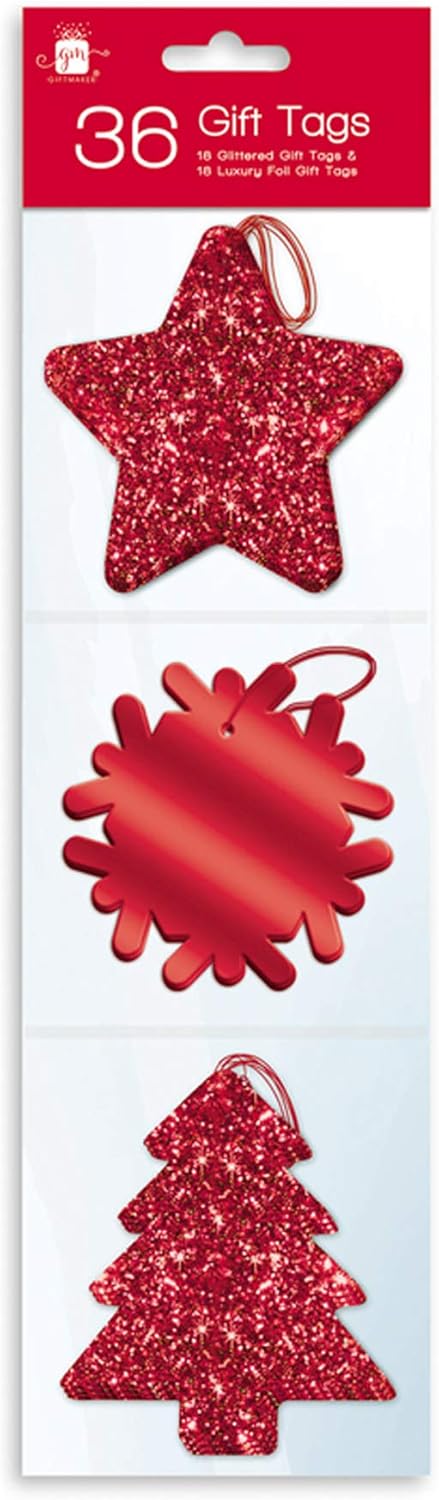36 Red Glitter and Luxury Foil Xmas Gift Tags With Thread