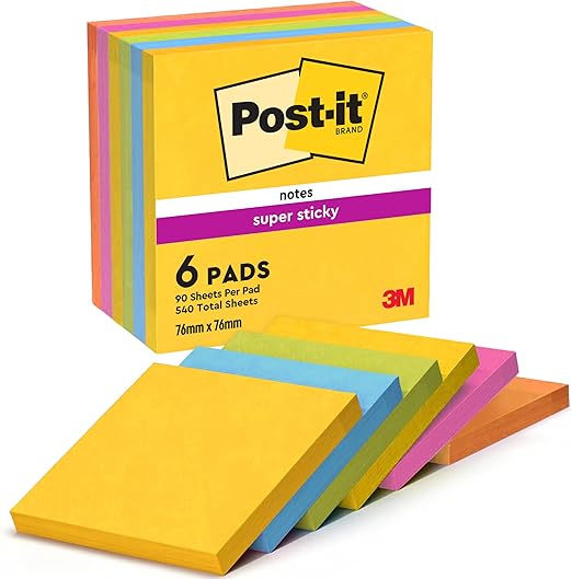 Post-it Super Sticky Notes, Stick Longer Without Falling, 76 mm x 76 mm, 6 Pads, 540 Sheets, Yellow, Blue, Green, Pink, Orange Colors - Self-Sticking Notes for Walls, Monitors and Fridge