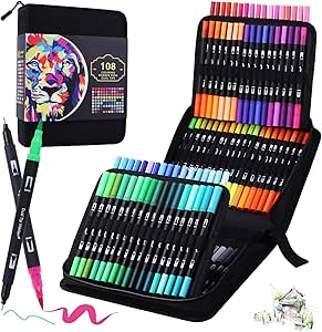 108 Colours Dual Tip Colouring Brush Felt Tip Pens, Pens for Adult Adults Colouring Books Calligraphy Drawing Painting Sketching Highlighting Dual Brush Marker Pens