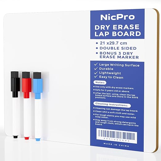 Nicpro Dry Erase Mini Whiteboard A4, Double Sided Lapboard with 3 Water-Based Pens Learning Small White Board Portable Drawing Writing for Student and Classroom Use