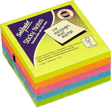 Snopake 76 x 76 mm Neon Assorted Sticky Notes [Cube of 450 Sheets] 11702, Neon/Assorted Colours