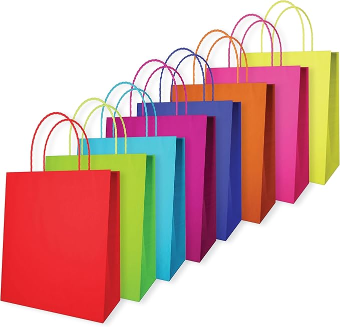 Pack of 16 Pcs with Twisted Handles - 18x22x8 cm - 120 GSM, 8 Colors, Versatile Gift Goody Paper Party Bags for Kids and Adults, Birthdays, Weddings, and Shopping