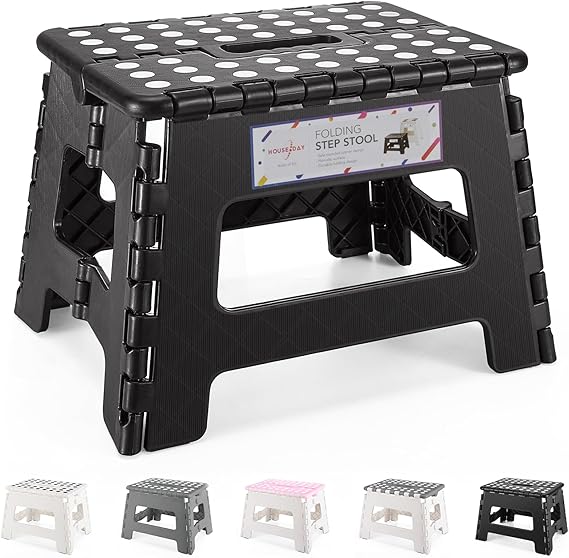 HOUSE DAY Folding Step Stool 9 Inch, Sturdy Foldable Stool with Carry Handle, Collapsible Step with Non-Slip Surface for Kids And Adults, Portable & Compact Design for Kitchen, Bathroom, Camping-Black