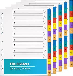 A4 Wide Colour Tabs ?5 Pack? File Dividers Coloured Mylar Multi Colours 1-12 Multipurpose Porous Index Dividers