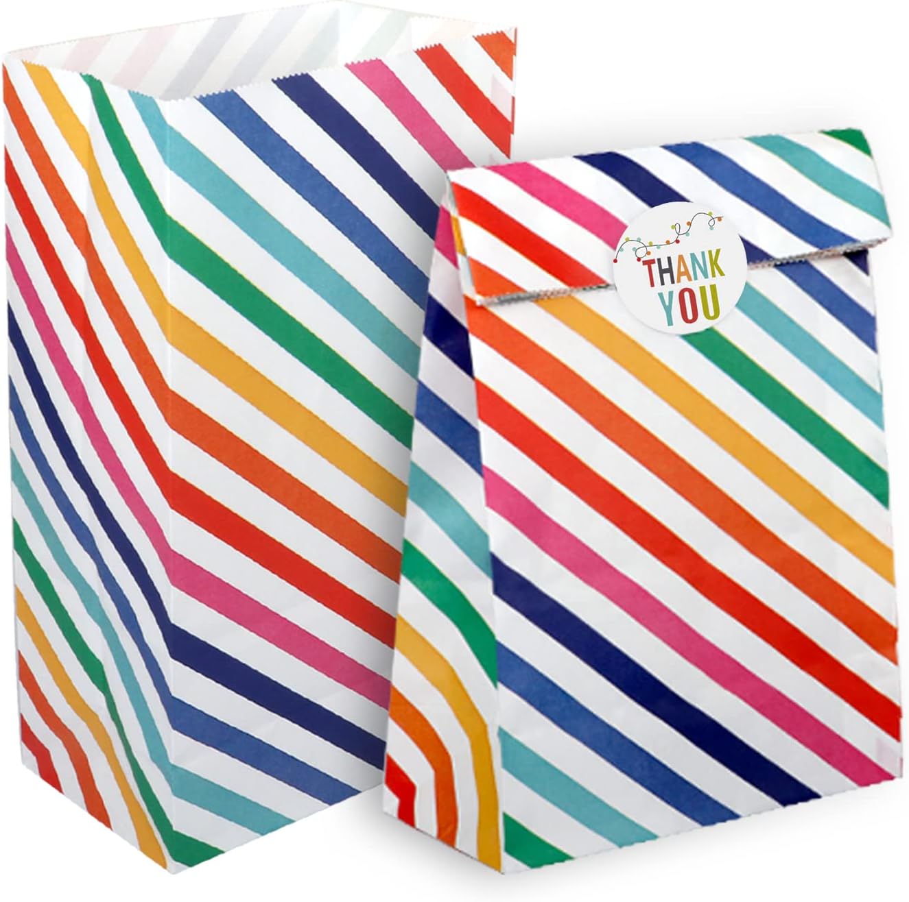 RFWIN 20Pcs Party Bag Kraft Paper Candy Bags, Rainbow Stripe Kids Birthday Bags with Stickers, Gifts Sweets Bags for Baby Shower Wedding Valentines' Day