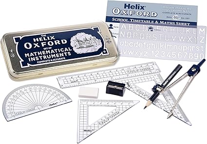 Helix Oxford Maths Set with Storage Tin - 10 Piece Maths Equipment Set
