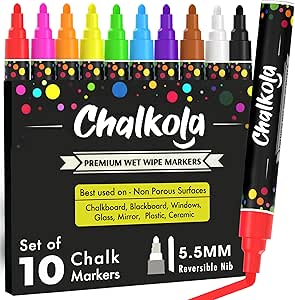 Chalk Pens - Pack of 10 neon Colour Markers. Used on Whiteboard, Chalkboard, Window, Blackboard - 6mm Reversible Bullet & Chisel Tip