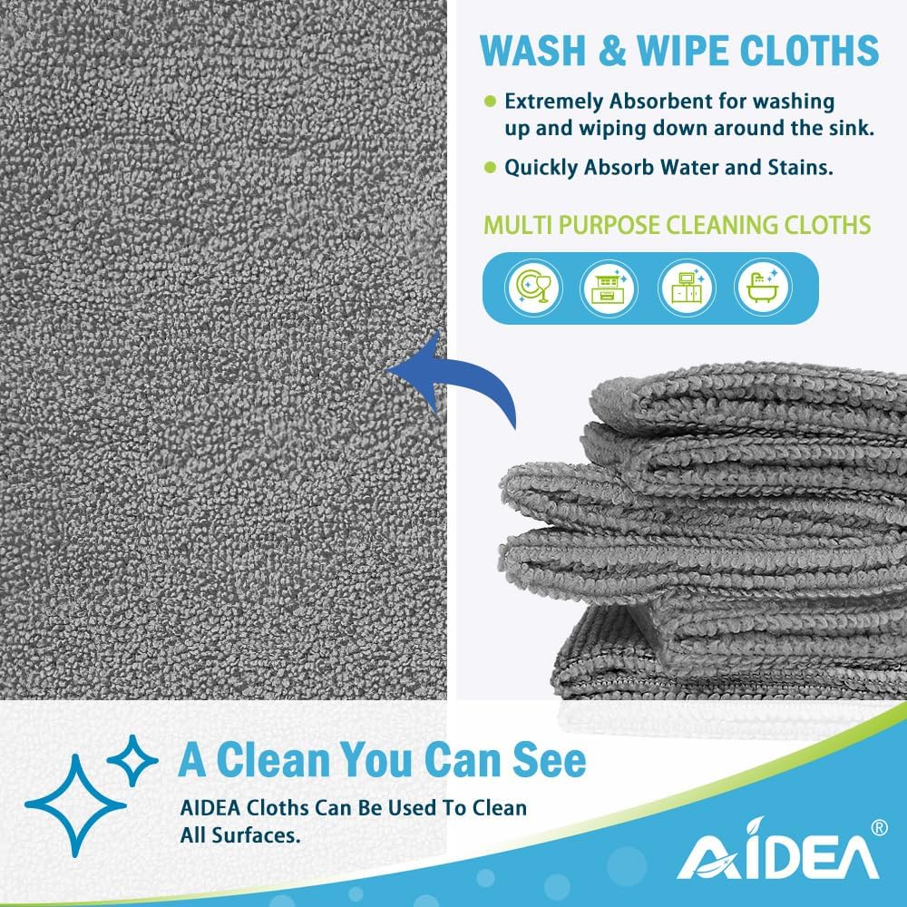 AIDEA Microfibre Cleaning Cloths, Pack of 8, Reusable Lint-Free, 30×30 cm, Grey