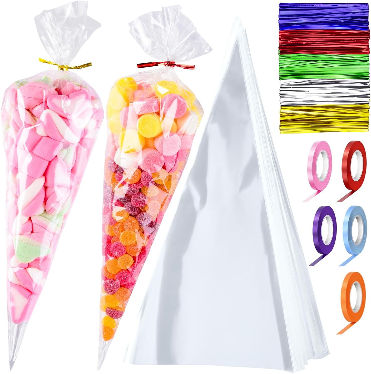 18x32cm Sweet Cone Bags with Twist Ties and Ribbons, 100Pcs Crystal Clear Cellophane Treat Bags, Triangle Sweetie Party Favor Cones Ideal for Halloween, Christmas, Candy Buffets, Baby Shower and More