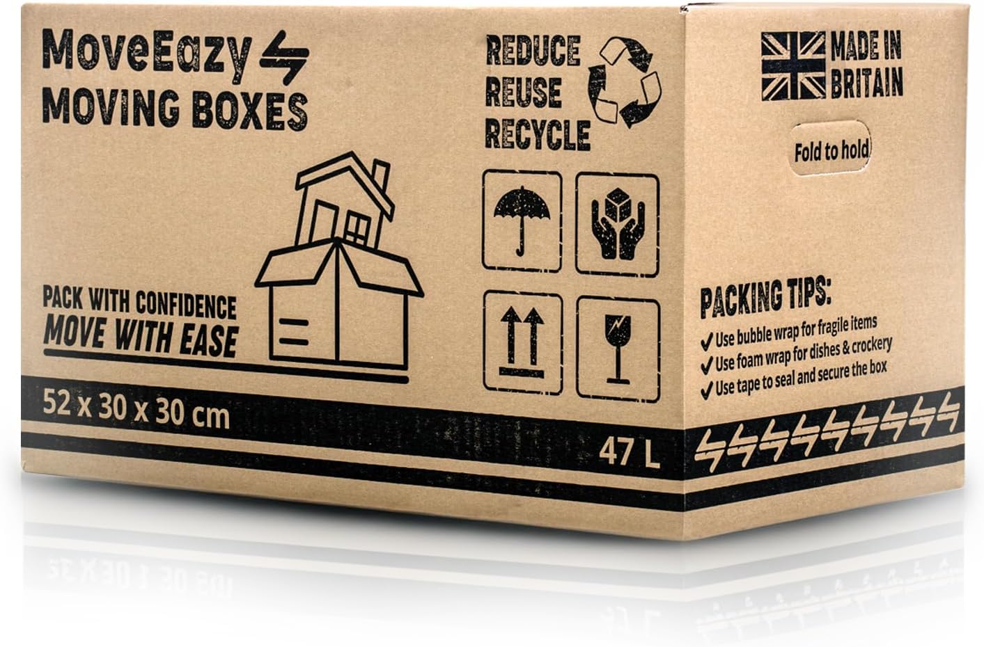 Cardboard Moving Boxes Large Box Strong House Packing Storage Removal with Carry Handles 52cm x 30cm x 30cm (47 Litres) (47L, Pack of 5)