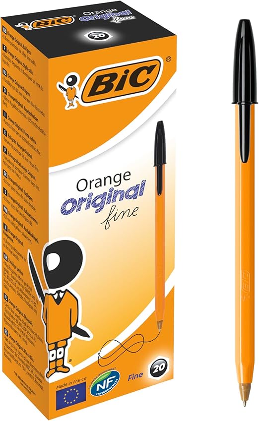 Bic Orange Fine Ballpoint Pens, Fine Point (0.8 mm), Blank Ink, Box of 20 - Writing Pens with Long-Lasting Ink, Black