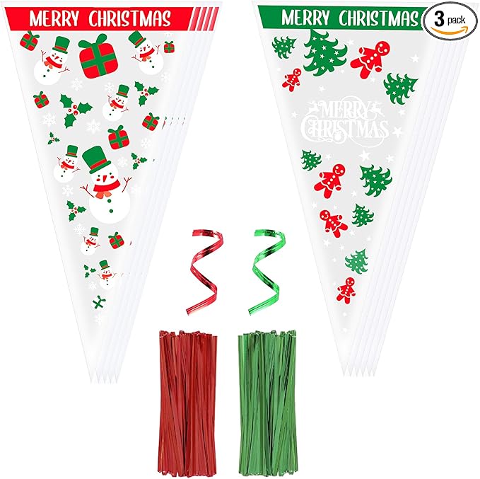 Christmas Sweet Cones Bags,Cydaluya 100pcs 13 * 25cm Sweet Cone Bags,Triangle Christmas Sweet Bags with 50 Red Twist Ties & 50 Green Twist Ties for Candy and Cookies Packaging